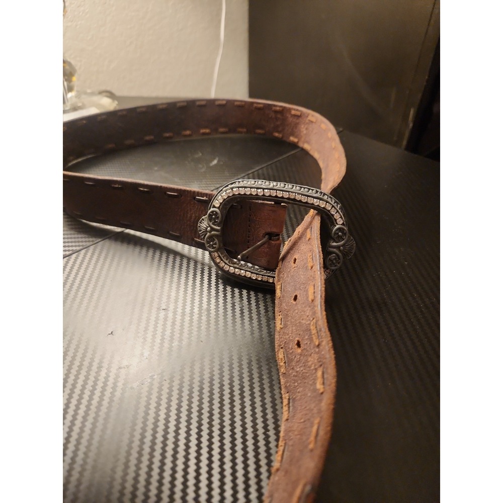 Vtg Streets Ahead Leather Belt Oval Rhinestone Buckle Small